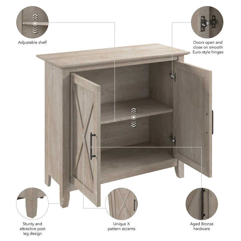 Meuble de rangement 2 portes style ferme Cape Cod Gris / Gris lavé / Chêne blanc pur avec accents en X, à usage unique