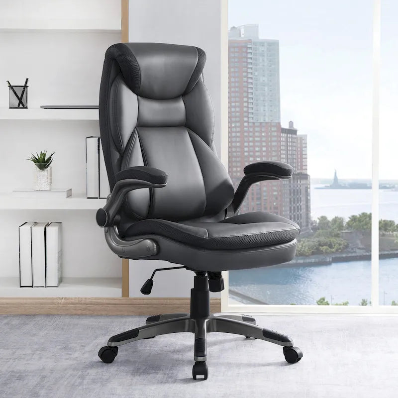 Fauteuil de bureau de direction en cuir reconstitué taupe / noir / anthracite, simple