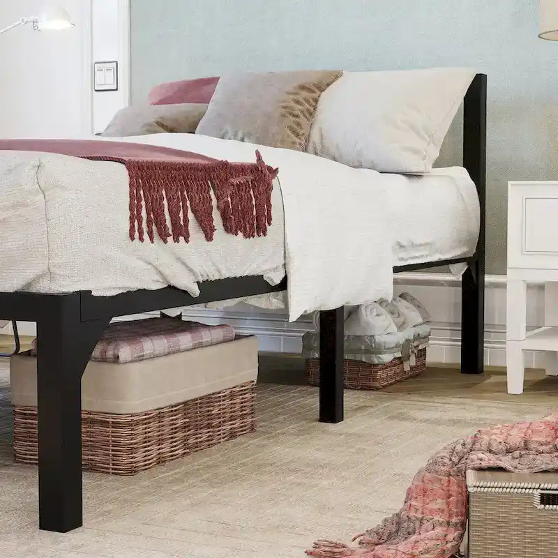 Cadre de lit plateforme en métal noir, style moderne, pour 1-2 personnes