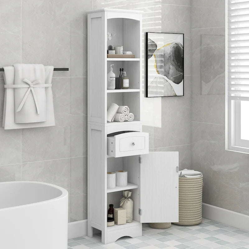 Meuble de rangement de salle de bain blanc peint avec tiroir et étagère réglable