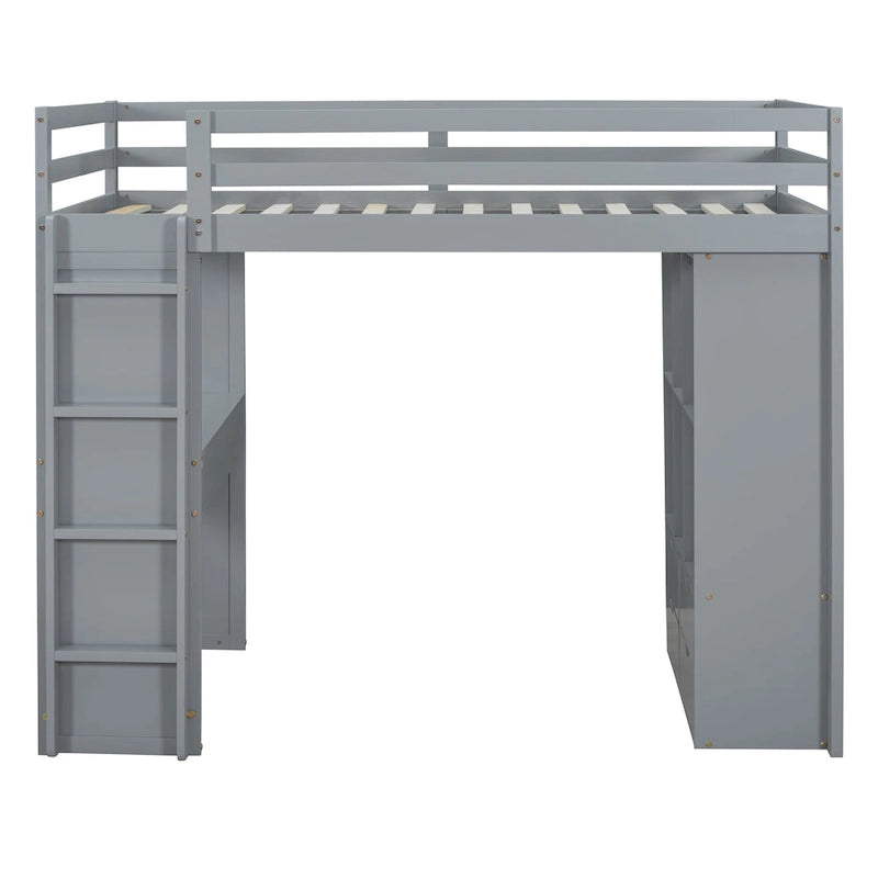 Lit mezzanine double gris avec étagères, bureau et lumière LED, pour 1 personne