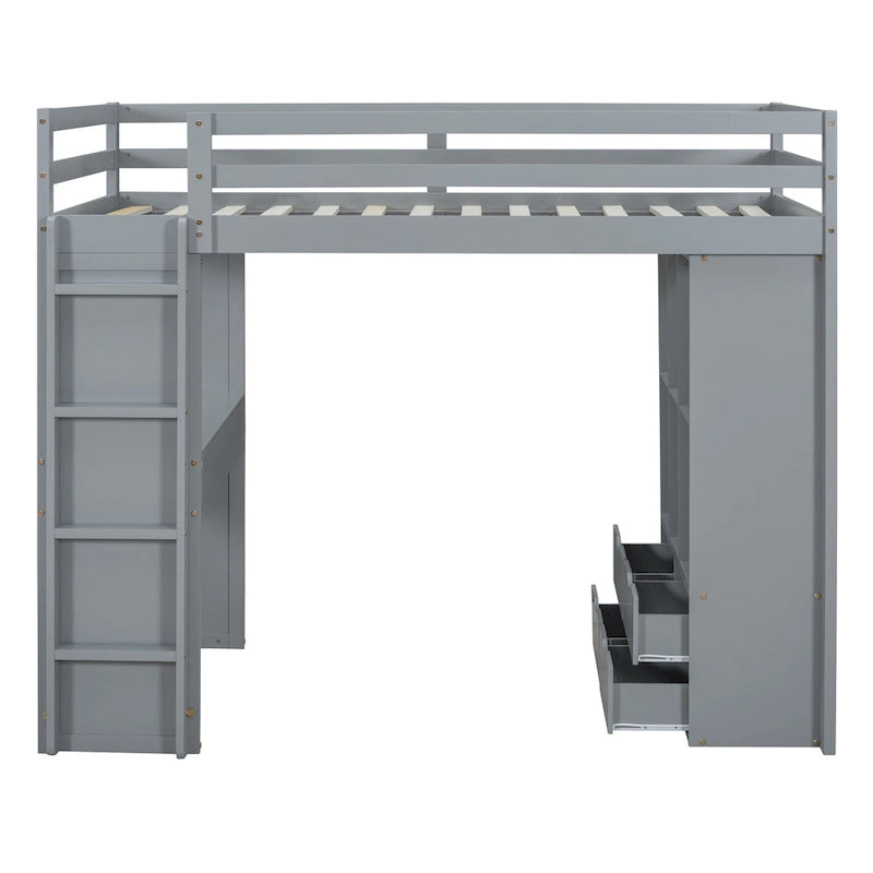 Lit mezzanine double gris avec étagères, bureau et lumière LED, pour 1 personne
