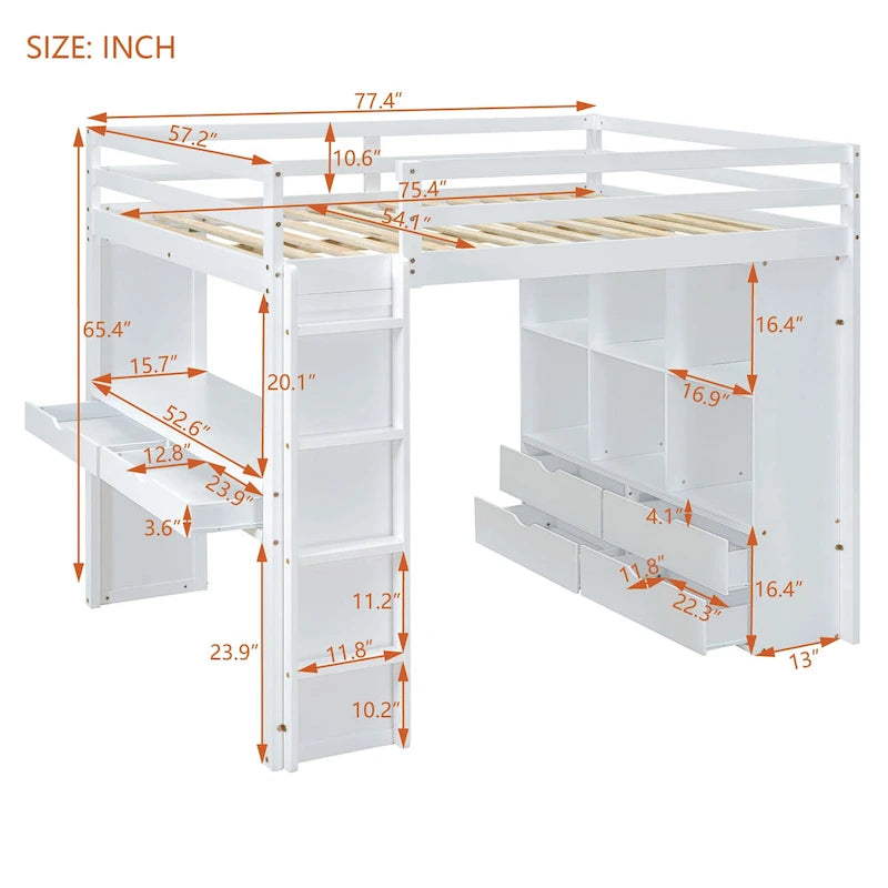 Lit mezzanine double gris avec étagères, bureau et lumière LED, pour 1 personne