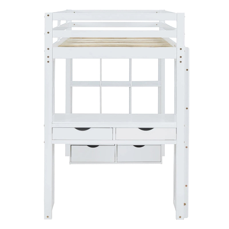 Lit mezzanine double gris avec étagères, bureau et lumière LED, pour 1 personne