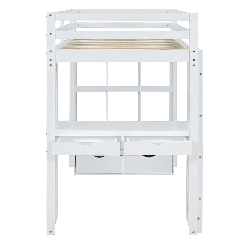 Lit mezzanine double gris avec étagères, bureau et lumière LED, pour 1 personne