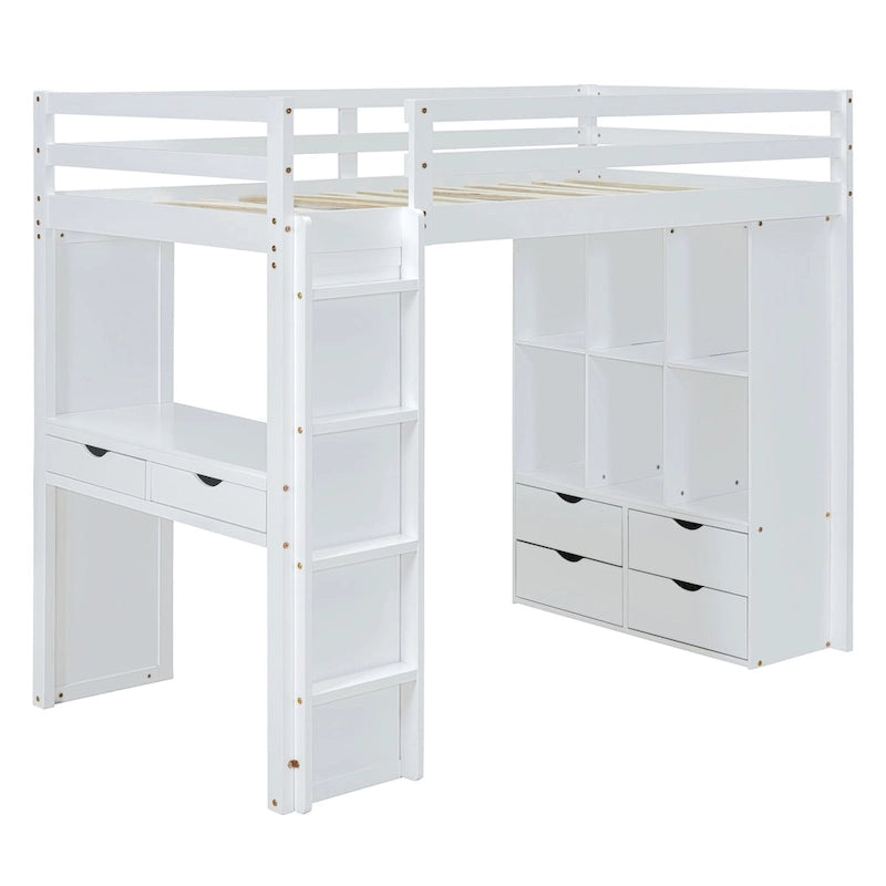 Lit mezzanine double gris avec étagères, bureau et lumière LED, pour 1 personne