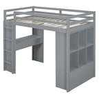 Lit mezzanine double gris avec étagères, bureau et lumière LED, pour 1 personne