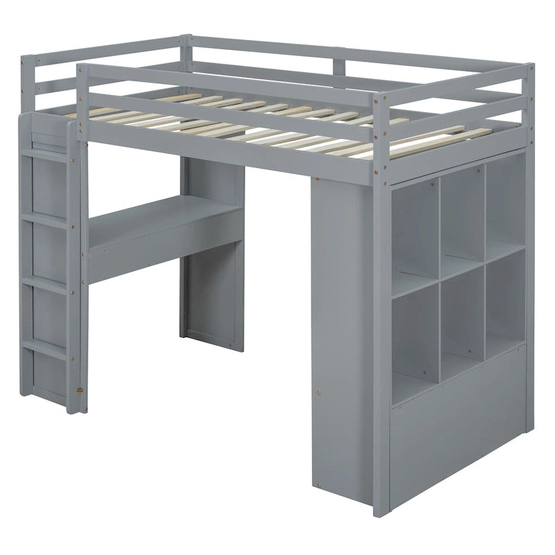 Lit mezzanine double gris avec étagères, bureau et lumière LED, pour 1 personne