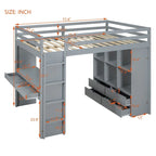 Lit mezzanine double gris avec étagères, bureau et lumière LED, pour 1 personne
