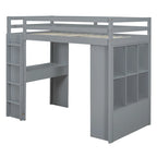 Lit mezzanine double gris avec étagères, bureau et lumière LED, pour 1 personne