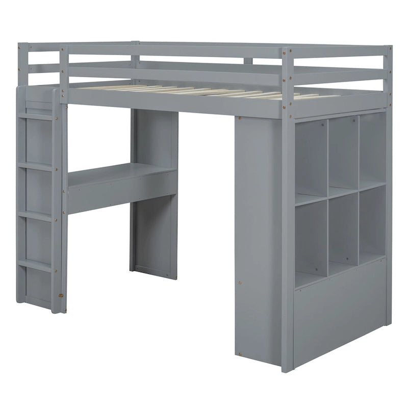 Lit mezzanine double gris avec étagères, bureau et lumière LED, pour 1 personne