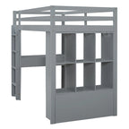 Lit mezzanine double gris avec étagères, bureau et lumière LED, pour 1 personne