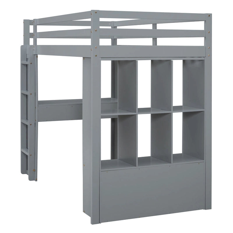 Lit mezzanine double gris avec étagères, bureau et lumière LED, pour 1 personne