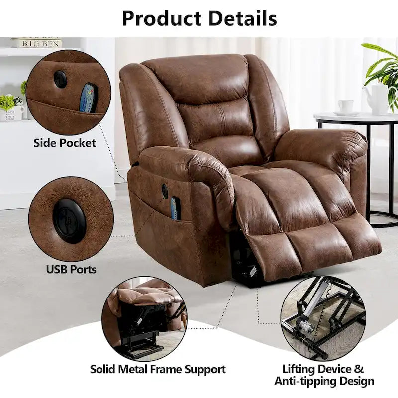 Fauteuil releveur électrique inclinable monoplace gris/brun avec chauffage et massage