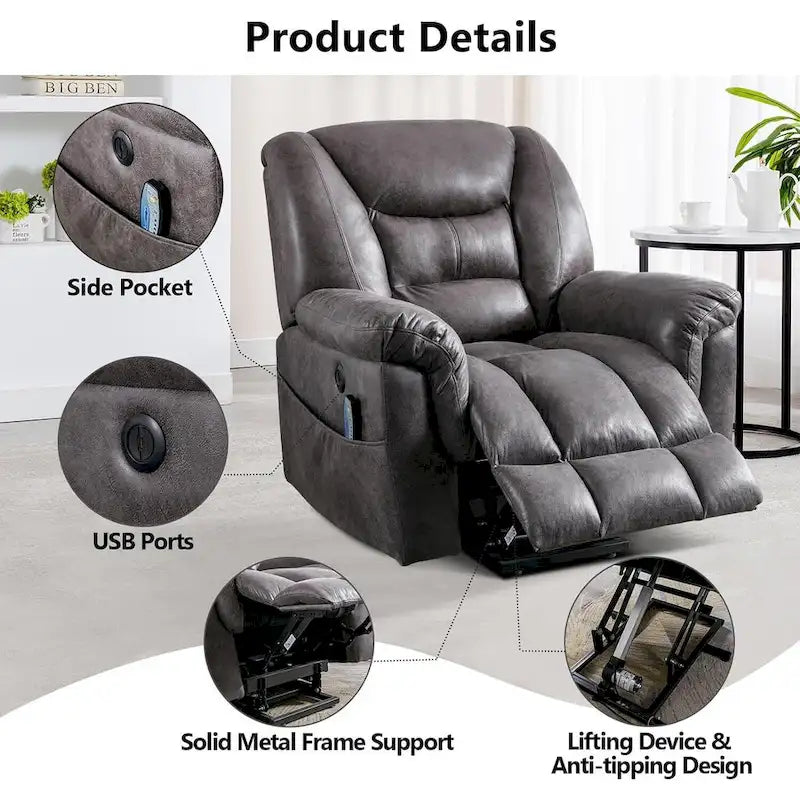 Fauteuil releveur électrique inclinable monoplace gris/brun avec chauffage et massage