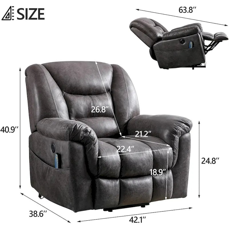 Fauteuil releveur électrique inclinable monoplace gris/brun avec chauffage et massage