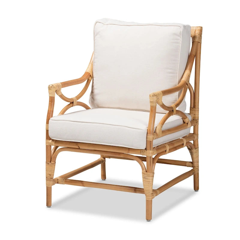 Fauteuil en rotin blanc et marron naturel, style bohème, une place