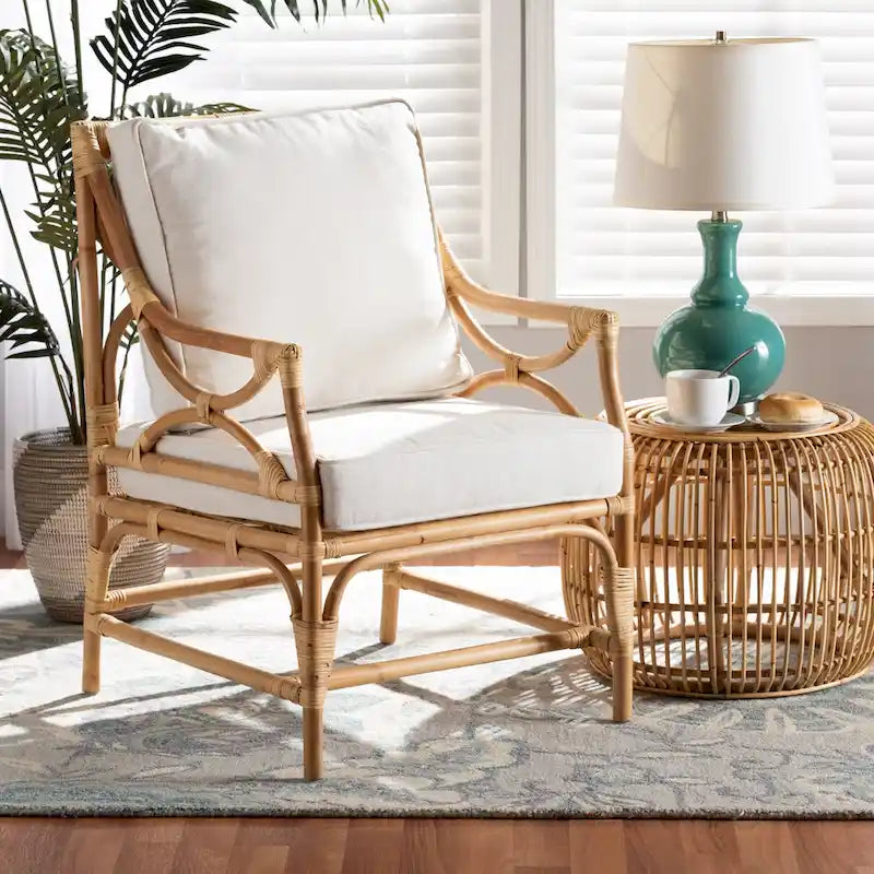Fauteuil en rotin blanc et marron naturel, style bohème, une place