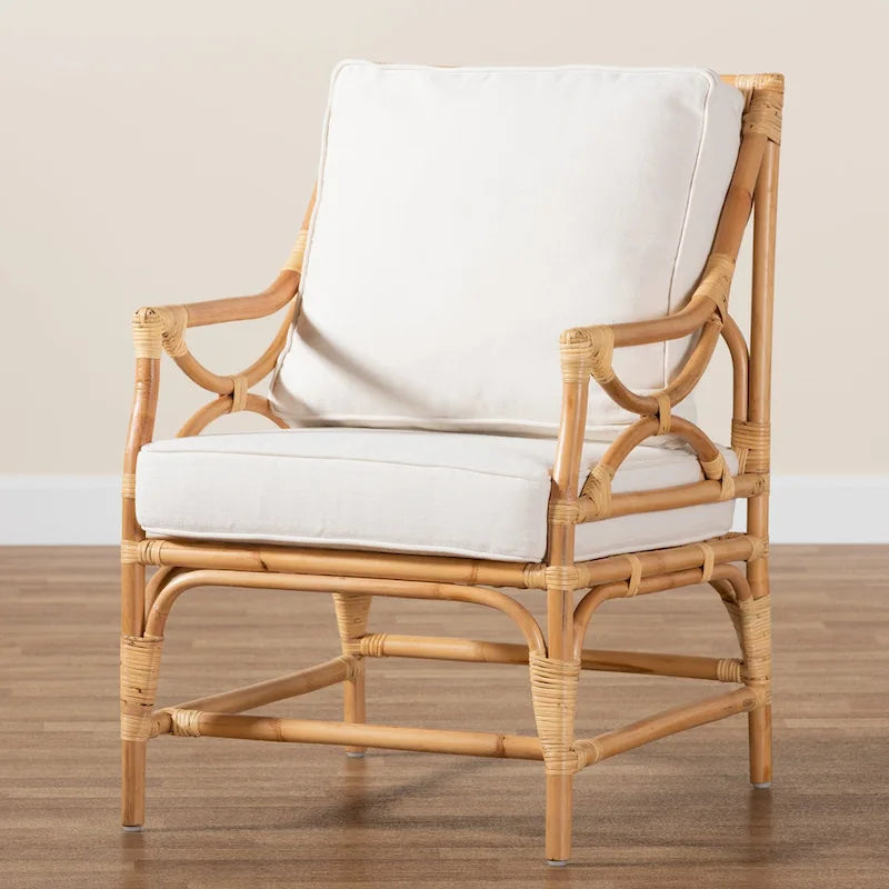 Fauteuil en rotin blanc et marron naturel, style bohème, une place