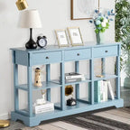 Table console bleu ciel / noir / blanc avec 3 tiroirs et une étagère, pour 1 personne
