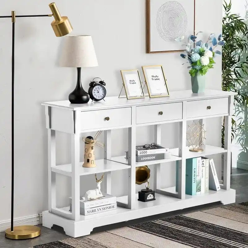 Table console bleu ciel / noir / blanc avec 3 tiroirs et une étagère, pour 1 personne