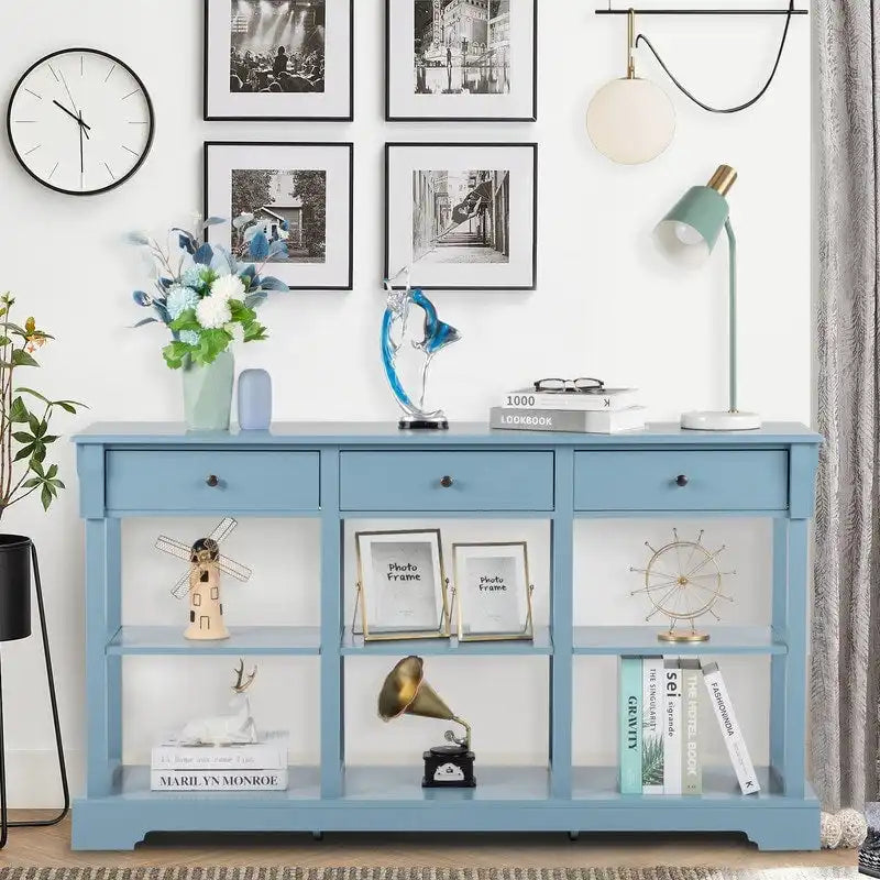 Table console bleu ciel / noir / blanc avec 3 tiroirs et une étagère, pour 1 personne