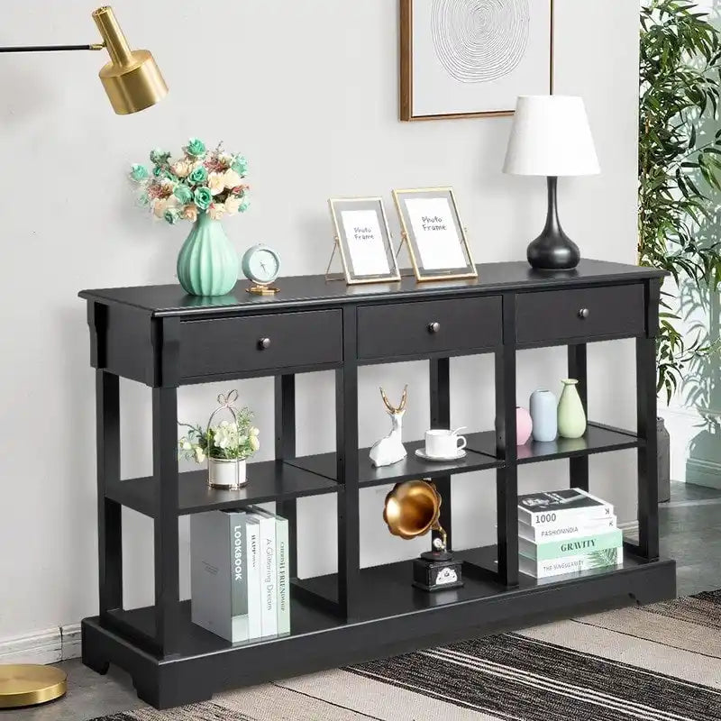 Table console bleu ciel / noir / blanc avec 3 tiroirs et une étagère, pour 1 personne