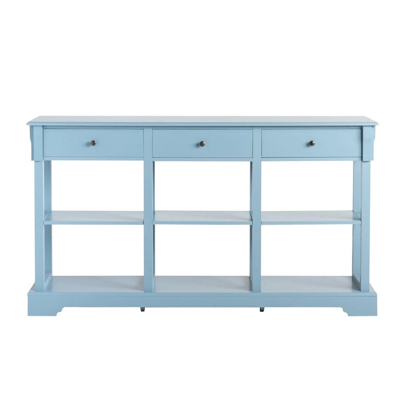 Table console bleu ciel / noir / blanc avec 3 tiroirs et une étagère, pour 1 personne
