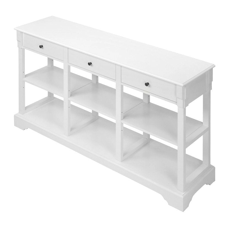 Table console bleu ciel / noir / blanc avec 3 tiroirs et une étagère, pour 1 personne