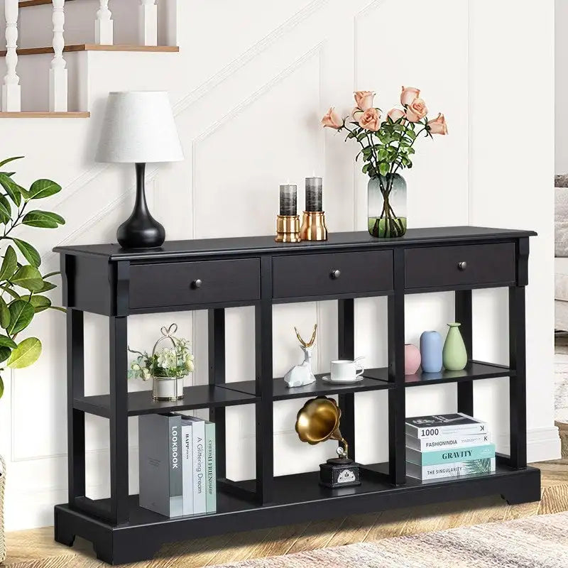 Table console bleu ciel / noir / blanc avec 3 tiroirs et une étagère, pour 1 personne