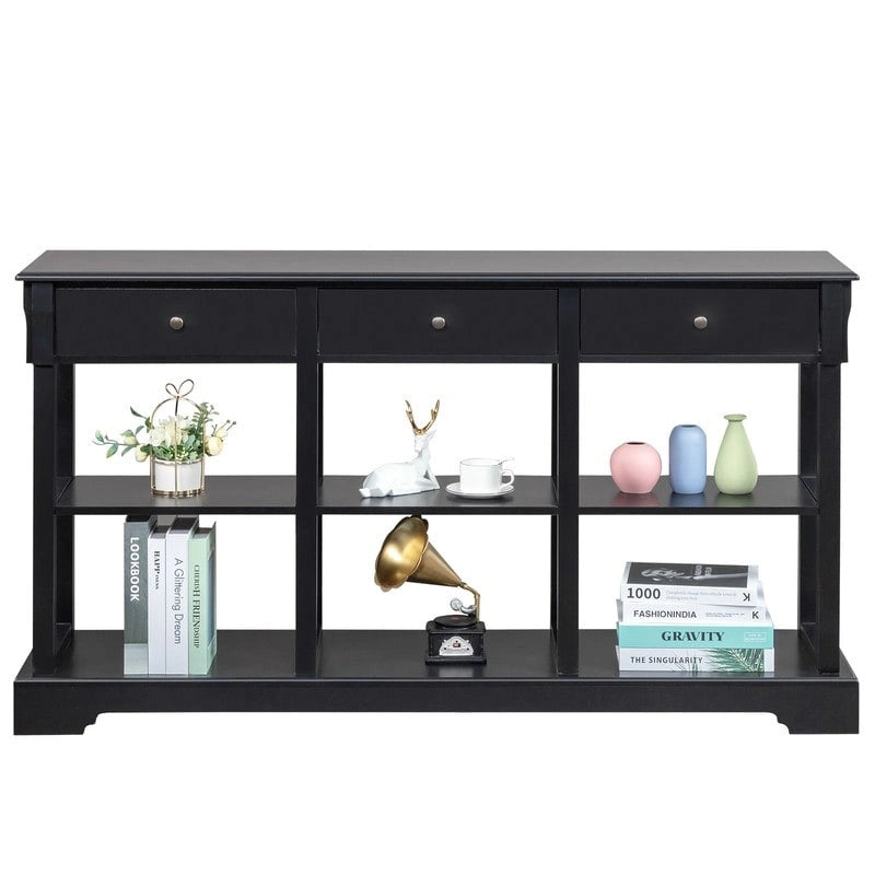 Table console bleu ciel / noir / blanc avec 3 tiroirs et une étagère, pour 1 personne