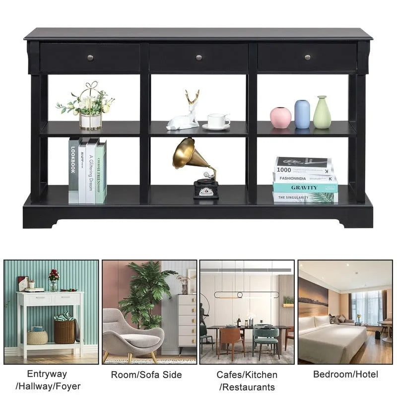 Table console bleu ciel / noir / blanc avec 3 tiroirs et une étagère, pour 1 personne