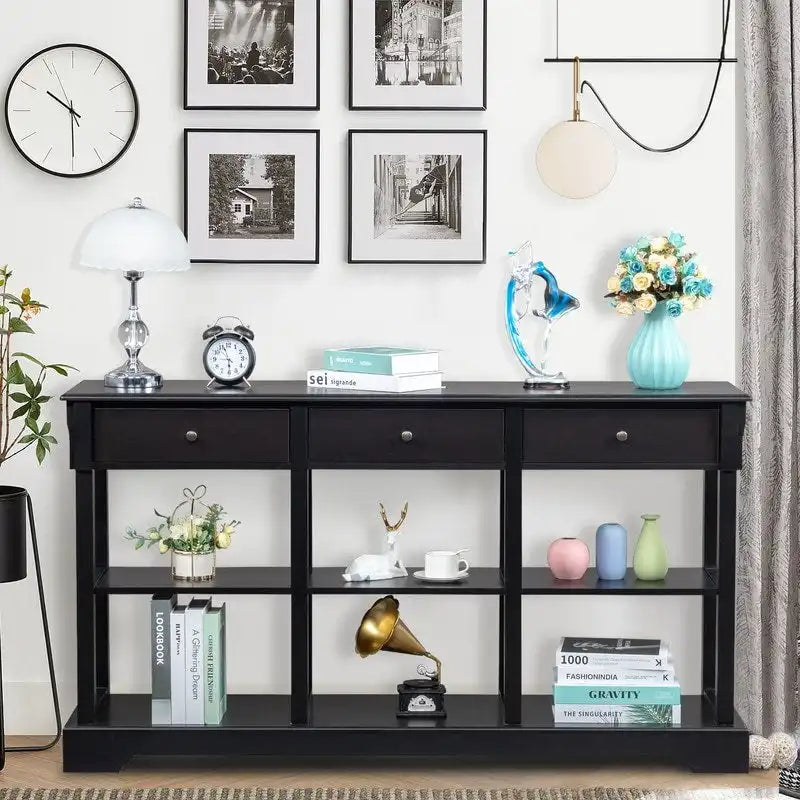 Table console bleu ciel / noir / blanc avec 3 tiroirs et une étagère, pour 1 personne