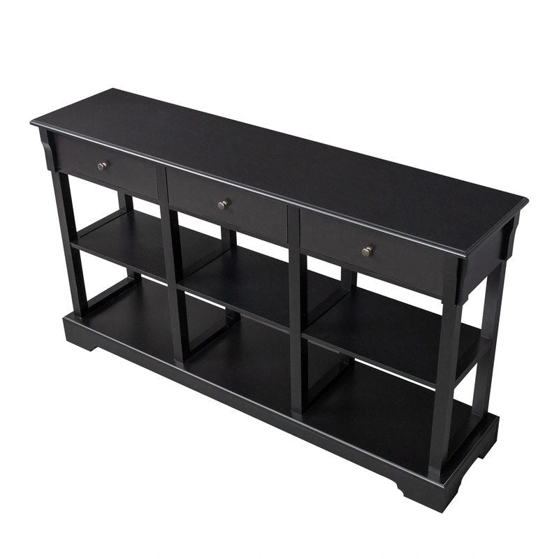 Table console bleu ciel / noir / blanc avec 3 tiroirs et une étagère, pour 1 personne