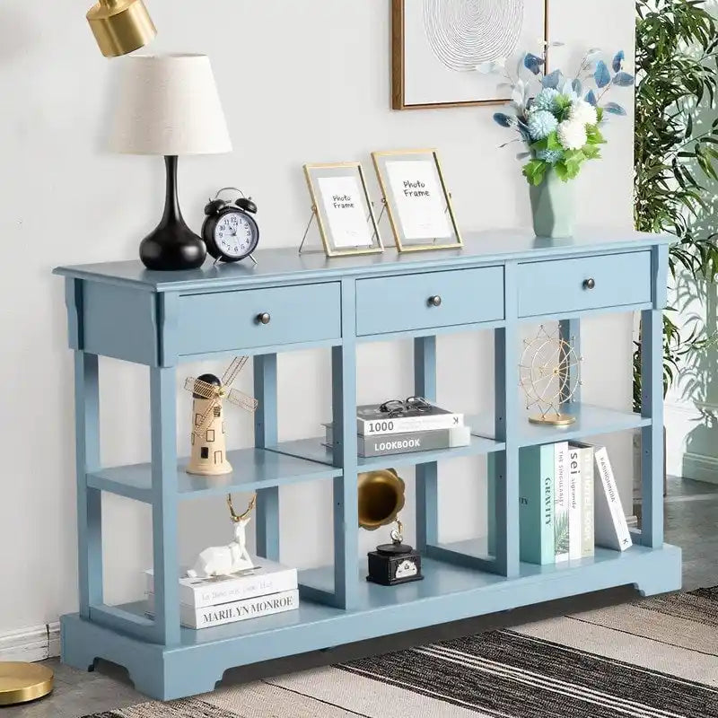 Table console bleu ciel / noir / blanc avec 3 tiroirs et une étagère, pour 1 personne