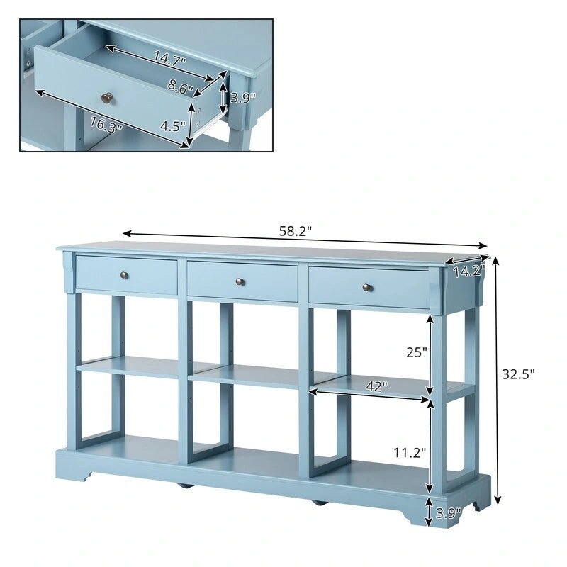 Table console bleu ciel / noir / blanc avec 3 tiroirs et une étagère, pour 1 personne