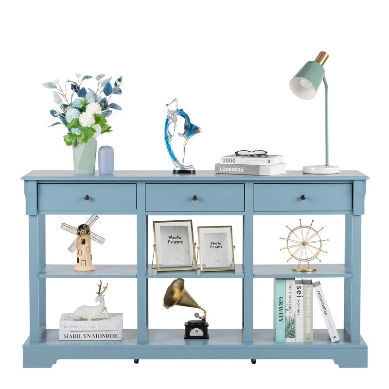 Table console bleu ciel / noir / blanc avec 3 tiroirs et une étagère, pour 1 personne
