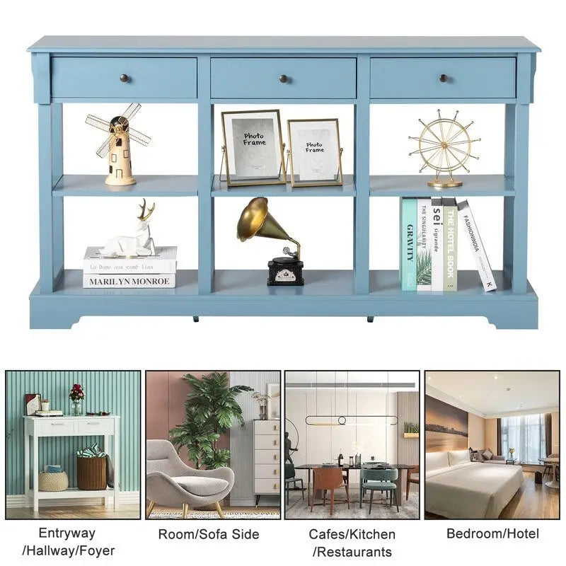 Table console bleu ciel / noir / blanc avec 3 tiroirs et une étagère, pour 1 personne