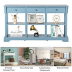 Table console bleu ciel / noir / blanc avec 3 tiroirs et une étagère, pour 1 personne