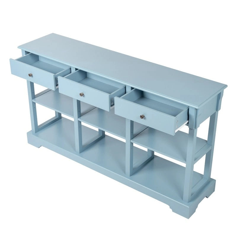 Table console bleu ciel / noir / blanc avec 3 tiroirs et une étagère, pour 1 personne