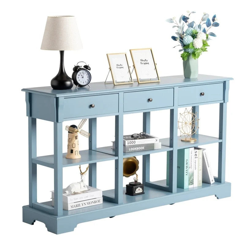 Table console bleu ciel / noir / blanc avec 3 tiroirs et une étagère, pour 1 personne