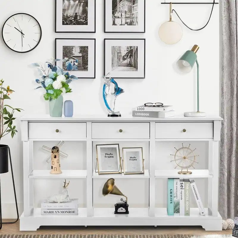 Table console bleu ciel / noir / blanc avec 3 tiroirs et une étagère, pour 1 personne