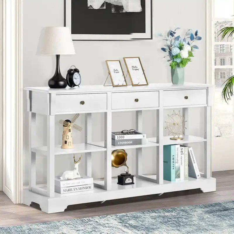 Table console bleu ciel / noir / blanc avec 3 tiroirs et une étagère, pour 1 personne