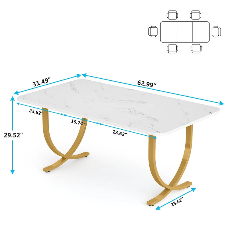 Table à manger rectangulaire blanche et or, 4 à 6 places