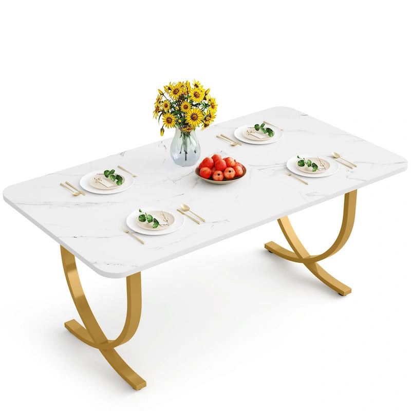 Table à manger rectangulaire blanche et or, 4 à 6 places