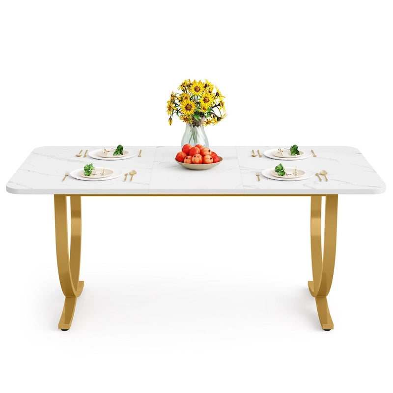 Table à manger rectangulaire blanche et or, 4 à 6 places