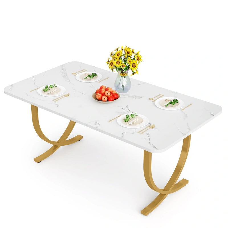 Table à manger rectangulaire blanche et or, 4 à 6 places