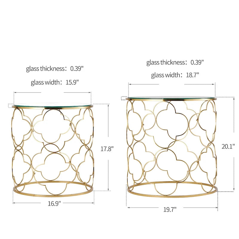 Tables basses gigognes rondes à plateau en verre et structure dorée, lot de 2