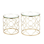 Tables basses gigognes rondes à plateau en verre et structure dorée, lot de 2