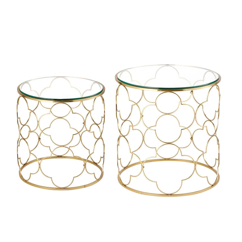 Tables basses gigognes rondes à plateau en verre et structure dorée, lot de 2